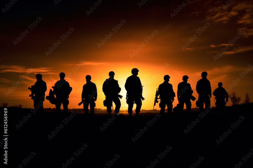 Silhouette of a group of soldiers walking on the battlefield. brothers in arms. Generative AI Silhouette of a group of soldiers walking on the battlefield. brothers in arms. Generative AI