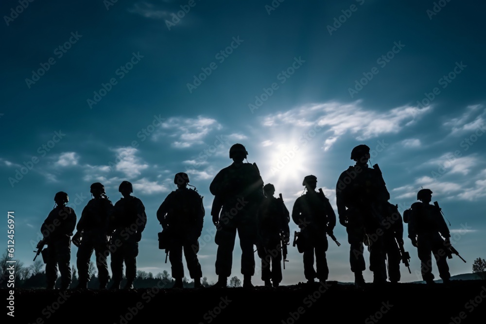 Silhouette of a group of soldiers walking on the battlefield. brothers in arms. Generative AI Silhouette of a group of soldiers walking on the battlefield. brothers in arms. Generative AI