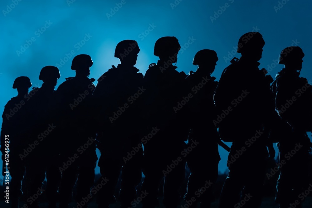 Silhouette of a group of soldiers walking on the battlefield. brothers in arms. Generative AI