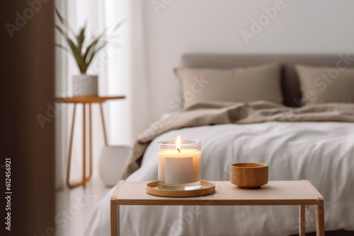 A scented candle in a modern bedroom. AI generative
