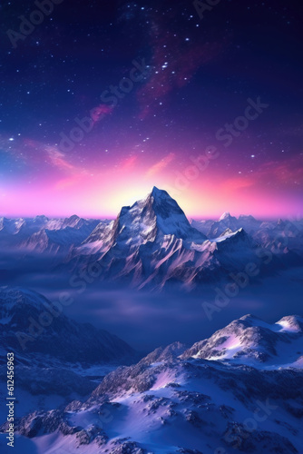 A mesmerizing sight unfolds as the moonlight delicately blankets a snow-covered mountain range, illuminating its majestic peaks in a celestial glow. Generative AI 