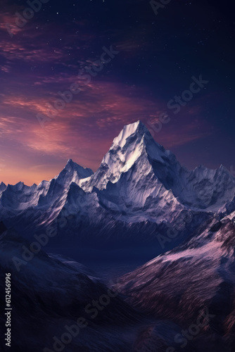 A mesmerizing sight unfolds as the moonlight delicately blankets a snow-covered mountain range, illuminating its majestic peaks in a celestial glow. Generative AI 