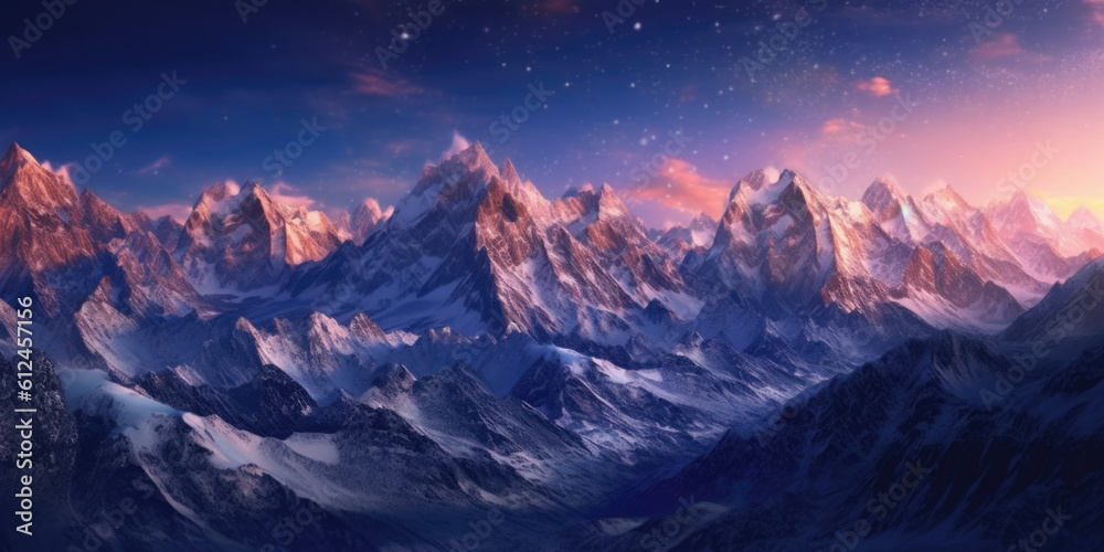 Experience the breathtaking allure of a snow-covered mountain range illuminated by the gentle moonlight, creating a scene of serene and awe-inspiring beauty. Generative AI 