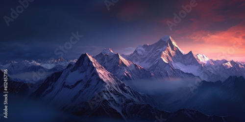 Experience the breathtaking allure of a snow-covered mountain range illuminated by the gentle moonlight, creating a scene of serene and awe-inspiring beauty. Generative AI 