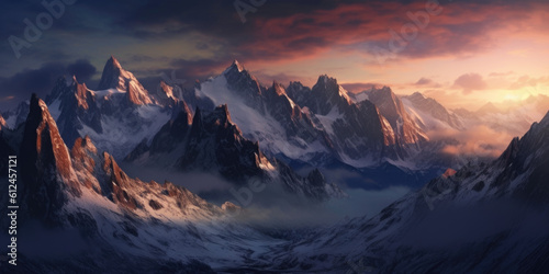 Experience the breathtaking allure of a snow-covered mountain range illuminated by the gentle moonlight, creating a scene of serene and awe-inspiring beauty. Generative AI 