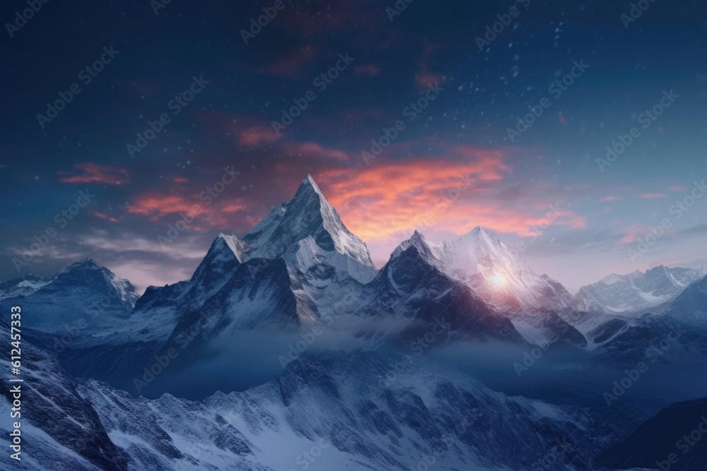 Under the soft glow of the moon, a majestic snow-covered mountain range shimmers, casting an ethereal aura that captivates the night. Generative AI 