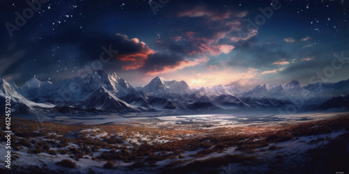 Under the soft glow of the moon, a majestic snow-covered mountain range shimmers, casting an ethereal aura that captivates the night. Generative AI  © Landscape Planet