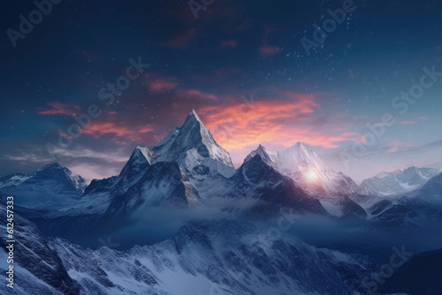 Under the soft glow of the moon, a majestic snow-covered mountain range shimmers, casting an ethereal aura that captivates the night. Generative AI 
