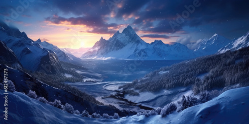 A snow-covered mountain range gleaming under the soft moonlight. Generative AI  © Landscape Planet