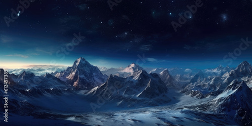 A snow-covered mountain range gleaming under the soft moonlight. Generative AI 