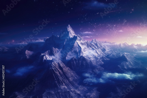 A snow-covered mountain range gleaming under the soft moonlight. Generative AI 