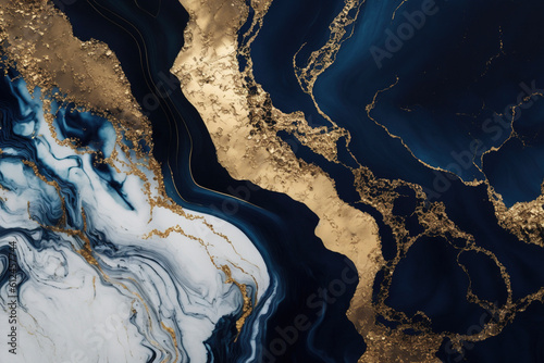 Abstract blue and gold marble background. AI 