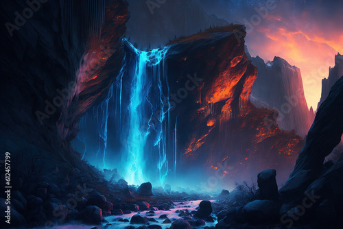 Fantasy landscape with waterfall and mountains. AI 