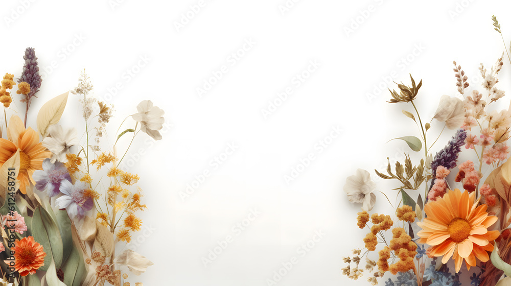 Autumn flowers on white background. Flat lay, top view. Generative AI