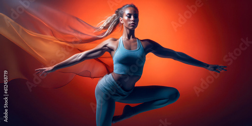 Athletic woman in dynamic pose, gray tank top and pants, red background, wide. Generative AI