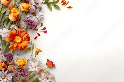 Flowers composition. Frame made of various flowers on white background. Flat lay, top view, copy space Generative AI