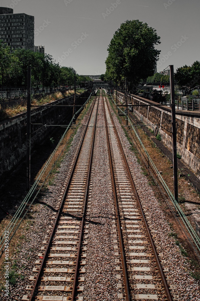 Vertical shot of empty train tracks on a sunny day