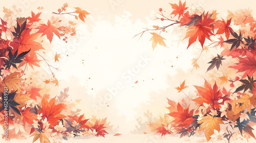 Autumn background Cartoon drawn beautiful maple leaves frame boder with copy space on beige background Concept for fall season holiday or Thanksgiving crad Generative AI