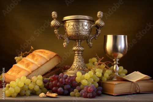 Golden chalice, grapes, bread and Holy bible. Religion communion symbols.Christian communion composition on the table. Generative AI