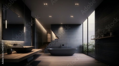 Modern Luxurious Minimalist bathroom in Tokyo  sleek bathtub amidst stone and wood texture  Ambient Lights and Nature - Generative AI