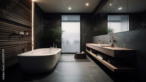Modern Luxurious Minimalist bathroom in Tokyo, sleek bathtub amidst stone and wood texture, Ambient Lights and Nature - Generative AI