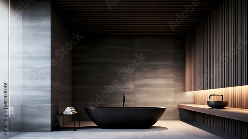 Modern Luxurious Minimalist bathroom in Tokyo  sleek bathtub amidst stone and wood texture  Ambient Lights and Nature - Generative AI