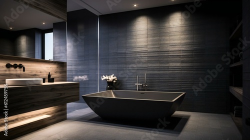 Modern Luxurious Minimalist bathroom in Tokyo  sleek bathtub amidst stone and wood texture  Ambient Lights and Nature - Generative AI