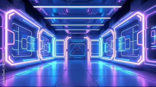 Modern Futuristic Neon Room Inside a Spaceship Heading to Mars  Future Humanity in 2077   Tron Style  Purple and blue accents  LEDS - Generative AI