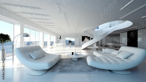 High-end Futuristic minimalist Modern Luxurious Living Room in penthouse, clean full white, luxury Home, noon in Dubaï - Generative AI