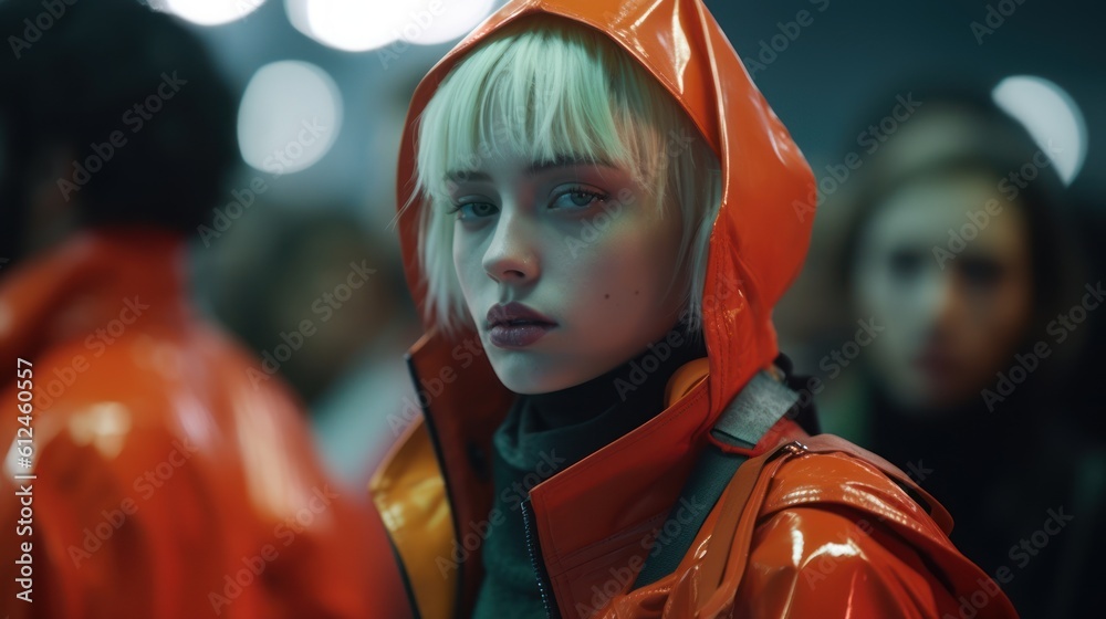 Fierce Tokyo Fashionista Strutting on Runway Under Shamrock Green Lights. Generative AI. Fierce Tokyo Fashionista Strutting on Runway Under Shamrock Green Lights. Generative AI.