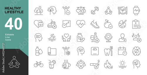 Healthy Lifestyle Line Editable Icons set. Vector illustration of modern thin line style icons of the components of a healthy lifestyle: the mode of work and rest, physical activity, and a diet.