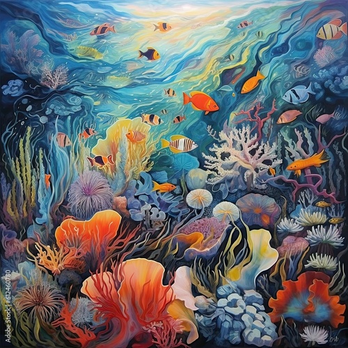 coral reef with colorful coral fish. Underwater world of tropical sea or ocean. generative ai © Olena