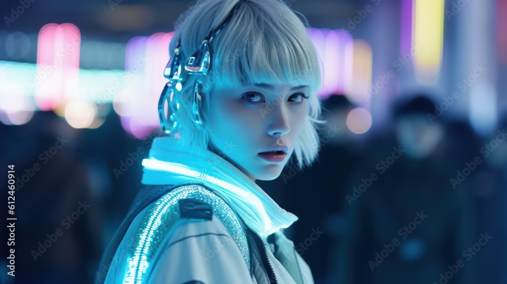 Fierce Tokyo Fashionista Strutting on Runway Under Shamrock Green Lights. Generative AI.