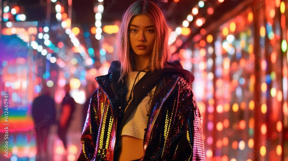 Obraz premium Fierce Tokyo Fashionista Strutting on Runway Under Shamrock Green Lights. Generative AI.