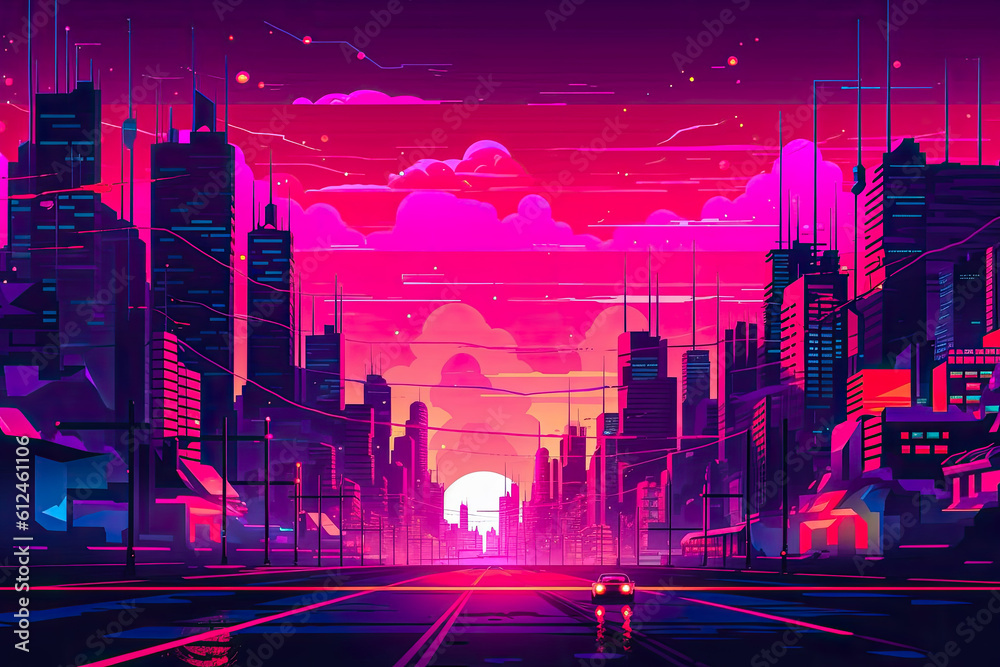 Futuristic vision of a city with vibrant colors. Abstract illustration. Generative AI
