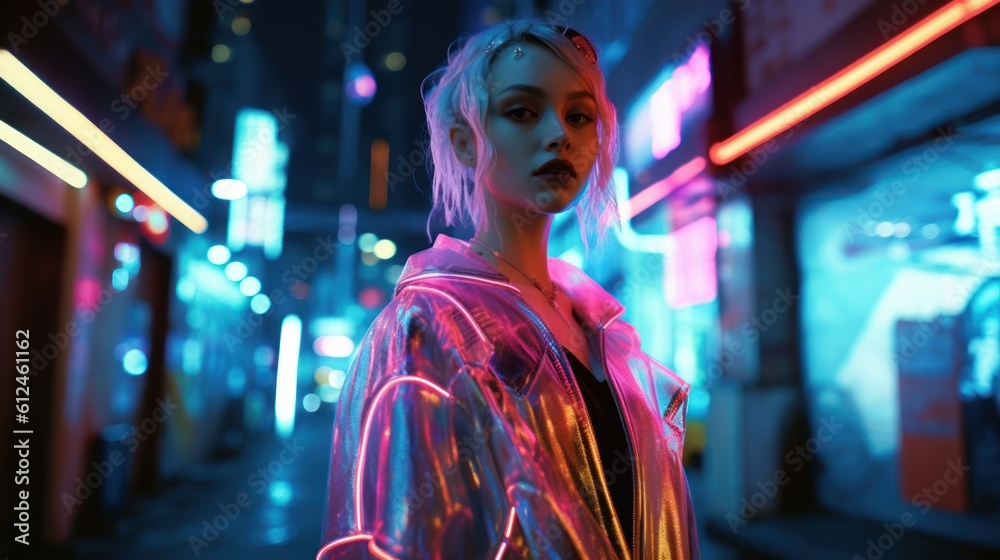 Fierce Tokyo Fashionista Strutting on Runway Under Shamrock Green Lights. Generative AI. Fierce Tokyo Fashionista Strutting on Runway Under Shamrock Green Lights. Generative AI.