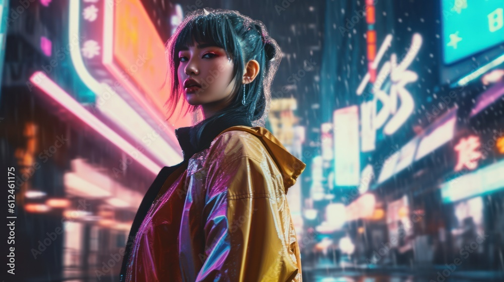 Fierce Tokyo Fashionista Strutting on Runway Under Shamrock Green Lights. Generative AI. Fierce Tokyo Fashionista Strutting on Runway Under Shamrock Green Lights. Generative AI.