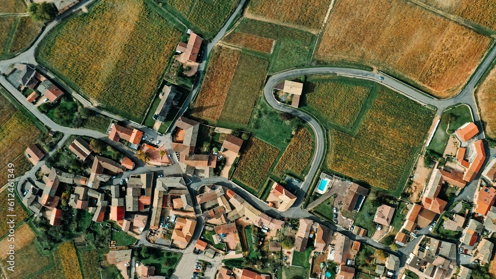 Aerial view of a suburban area on a sunny day in Macon, Burgundy, France