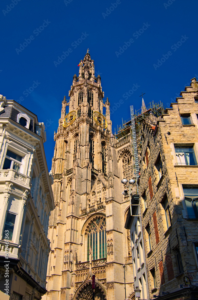 Close-up view of ancient Cathedral of Our Lady in Antwerp, Belgium (Onze-Lieve-Vrouwekathedraal). Famous touristic place and travel destination in Europe. UNESCO World Heritage Site