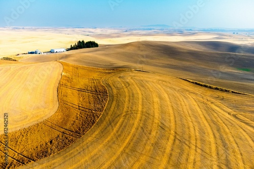 Beautiful view of a harvested wheat field with a rolling hill surface