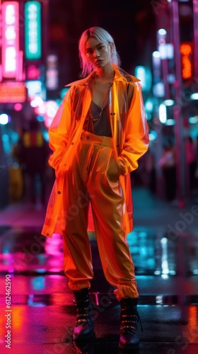 Fierce Tokyo Fashionista Strutting on Runway Under Shamrock Green Lights. Generative AI.