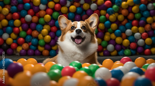 A hilarious moment captured as a corgi tries to balance a stack of colorful balls on its nose, showcasing its impressive agility and sense of humor Generative AI © Наталья Евтехова