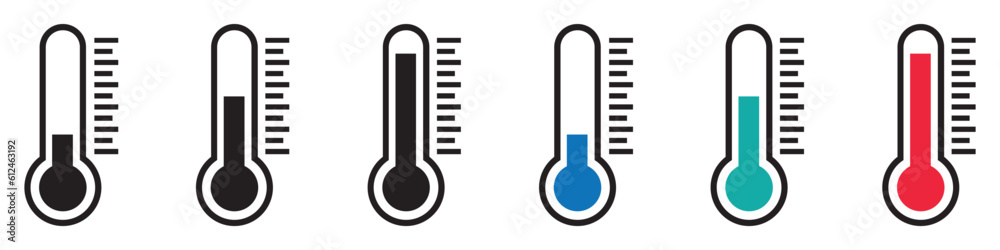 Set of temperature icons. Vector thermometer showing the temperature. Thermometer symbols, temperature scale, weather icons. The temperature from cold to hot. EPS 10. Set of temperature icons. Vector thermometer showing the temperature. Thermometer symbols, temperature scale, weather icons. The temperature from cold to hot. EPS 10.