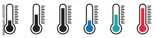 Set of temperature icons. Vector thermometer showing the temperature. Thermometer symbols, temperature scale, weather icons. The temperature from cold to hot. EPS 10.