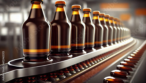 Beer bottles filling on the conveyor belt in the brewery factory Generative AI