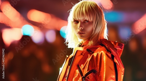 Fierce Tokyo Fashionista Strutting on Runway Under Shamrock Green Lights. Generative AI.