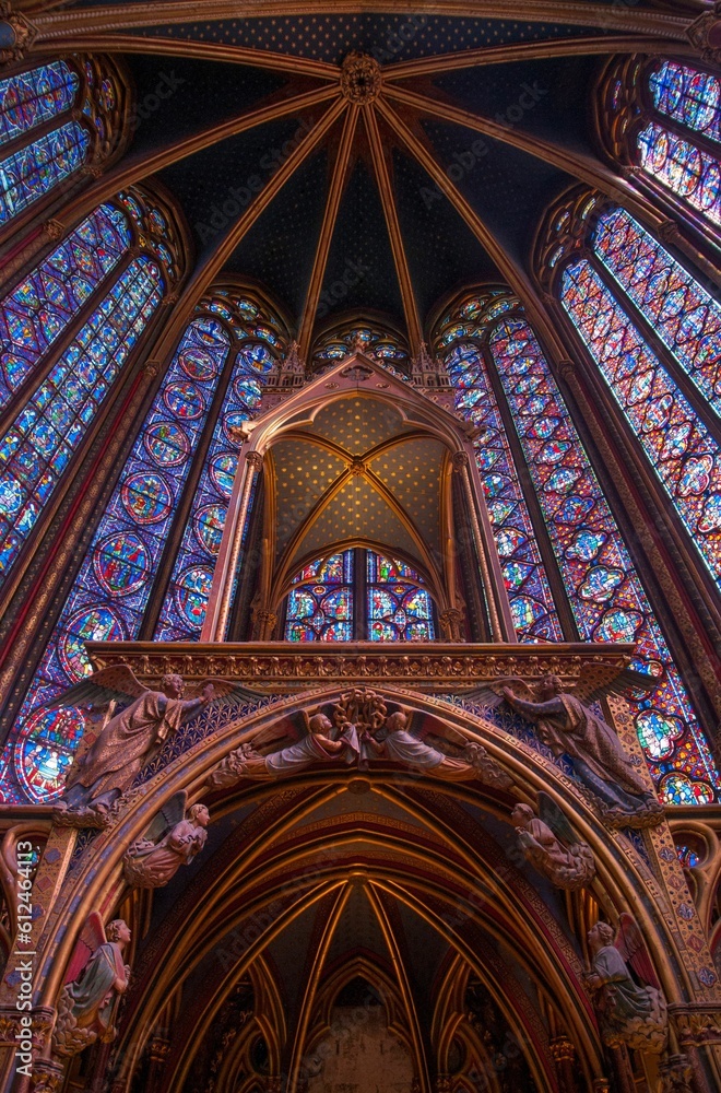 Vertical of Sainte-Chapelle inside view with altar and round roof