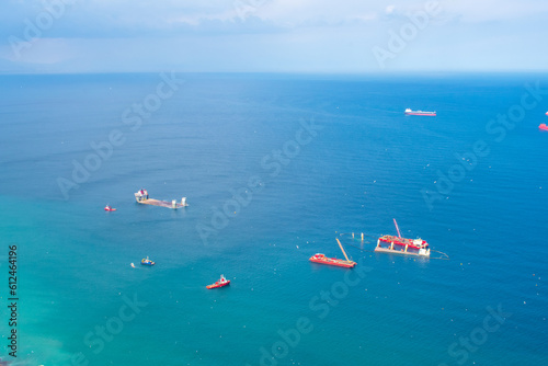 Aerial view of Gibraltar, Algeciras Bay and La Linea de la Concepcion from the Upper Rock. View on coastal city from above
