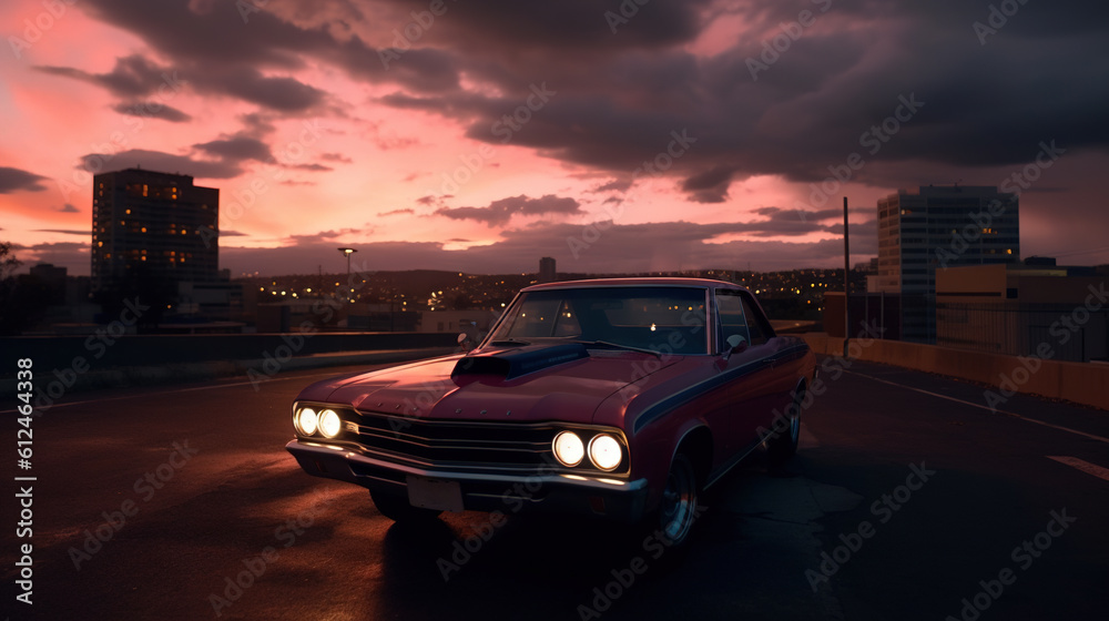 Fototapeta premium Vintage muscle car parked on the street at night. 80s styled synthwave retro scene with powerful drive in evening. Generated AI.