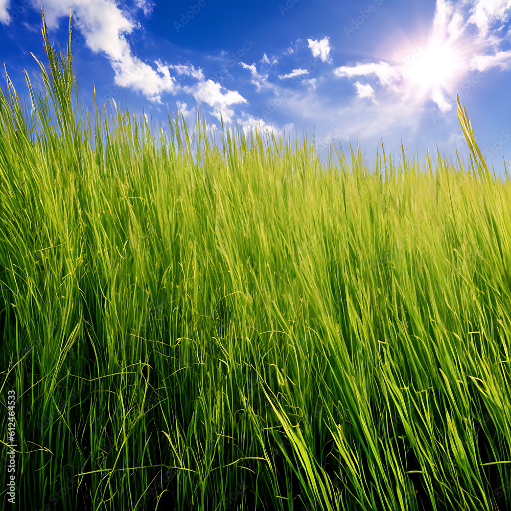 Green rice field and blue sky with clouds. Beautiful nature background.